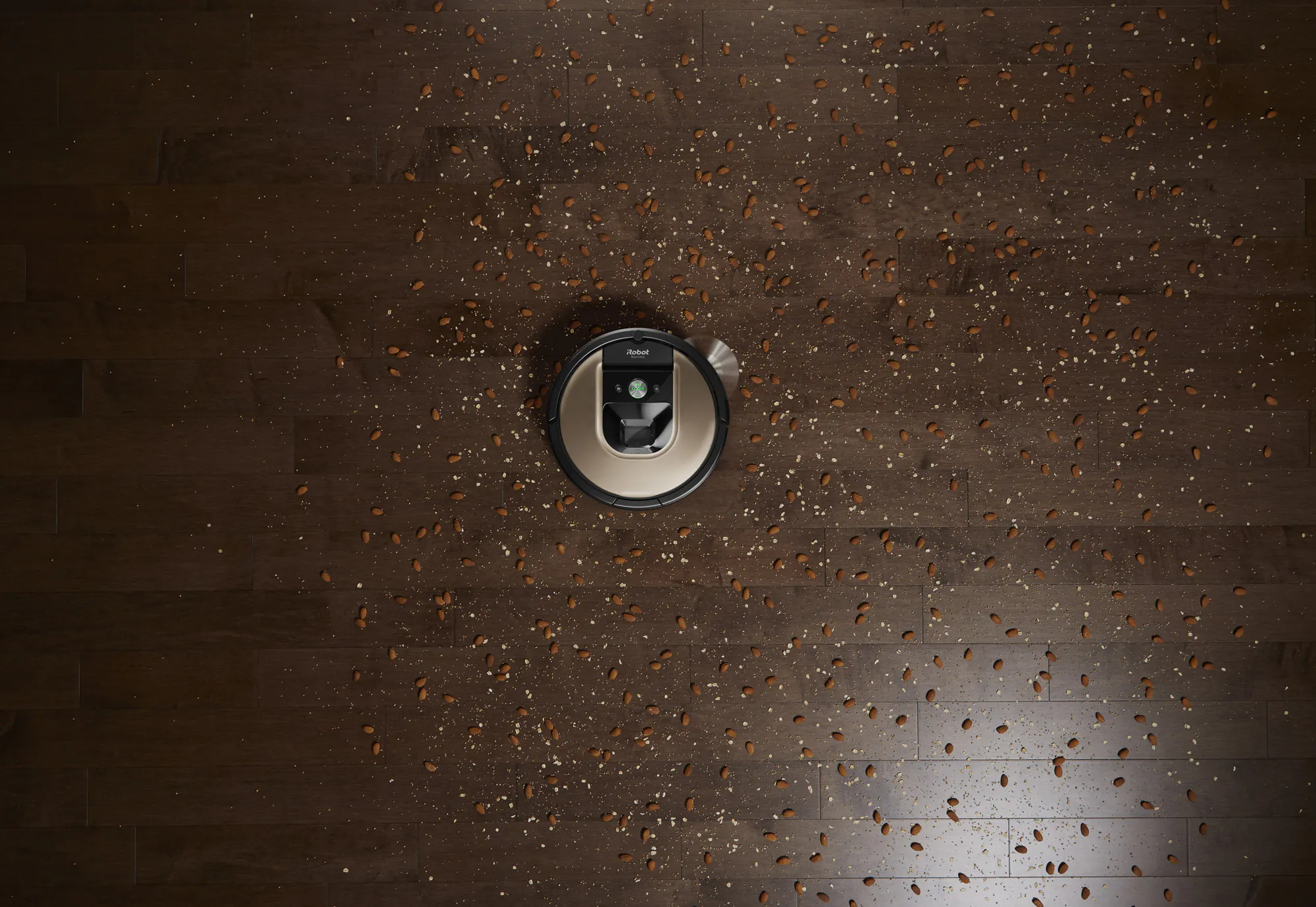 3D rendering of iRobot vacuum on hardwood floor with debris