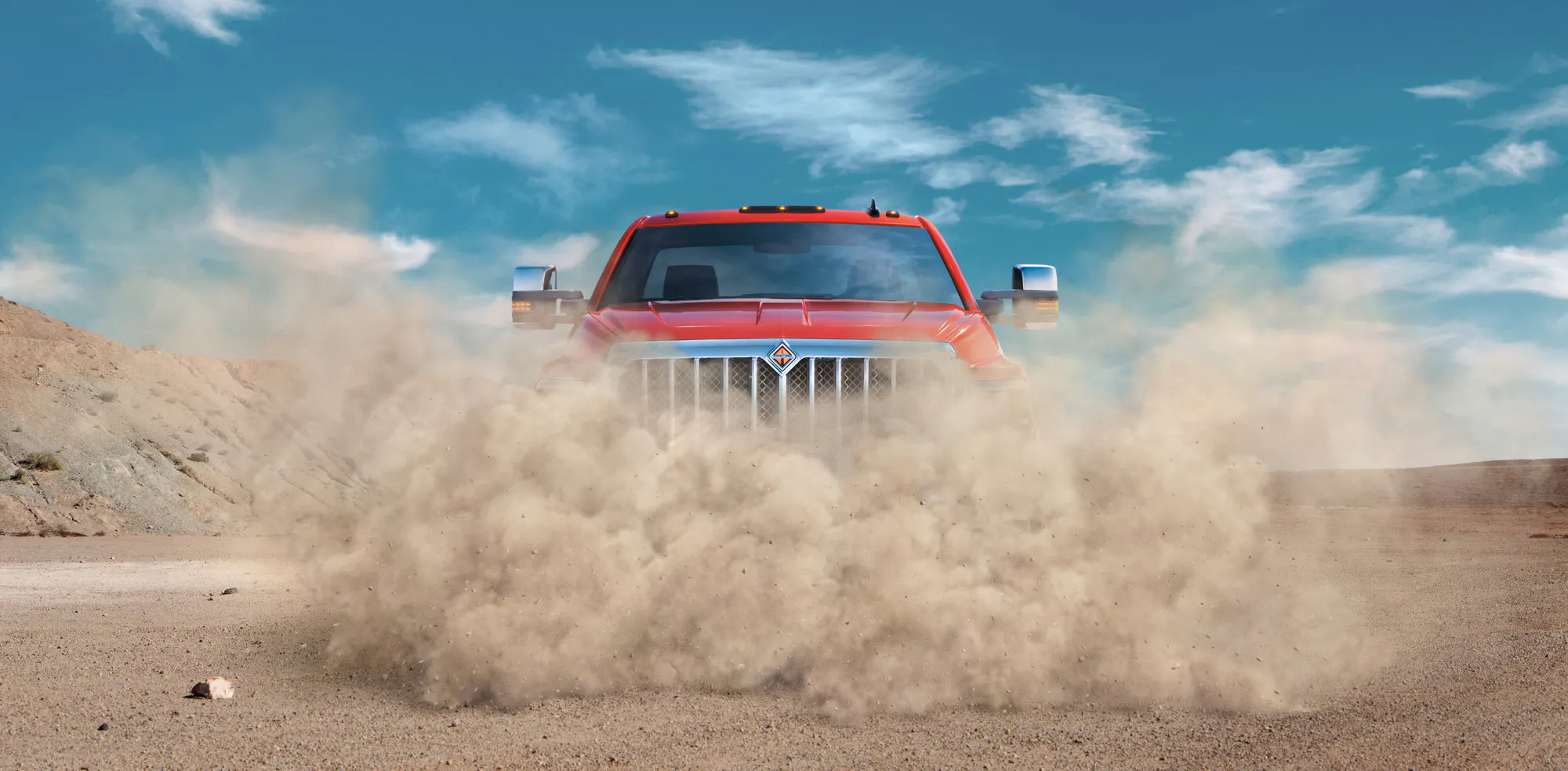 3D Animation of truck driving through a dust cloud