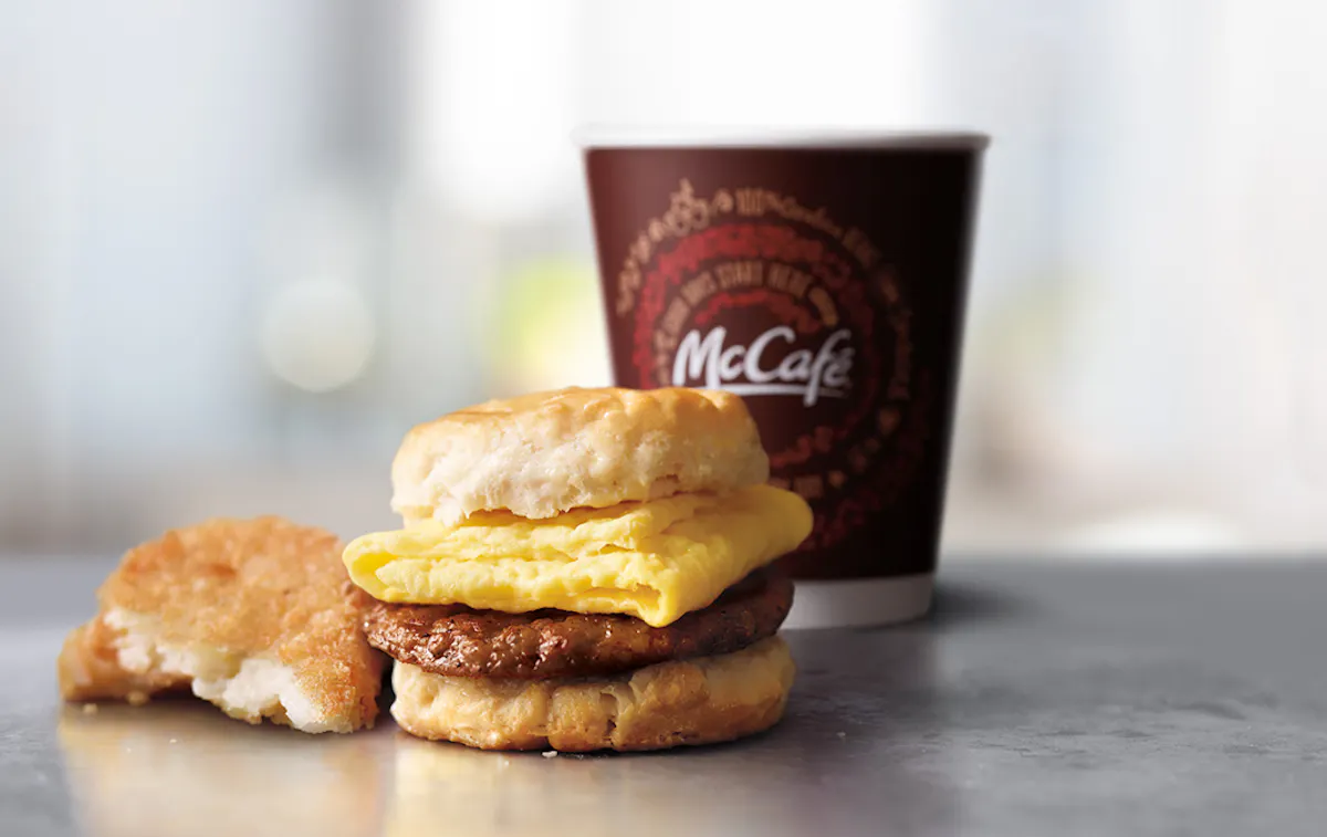 3D Rendering of McDonald's Sausage Biscuit Breakfast Sandwich with hash-brown and McCafe coffee