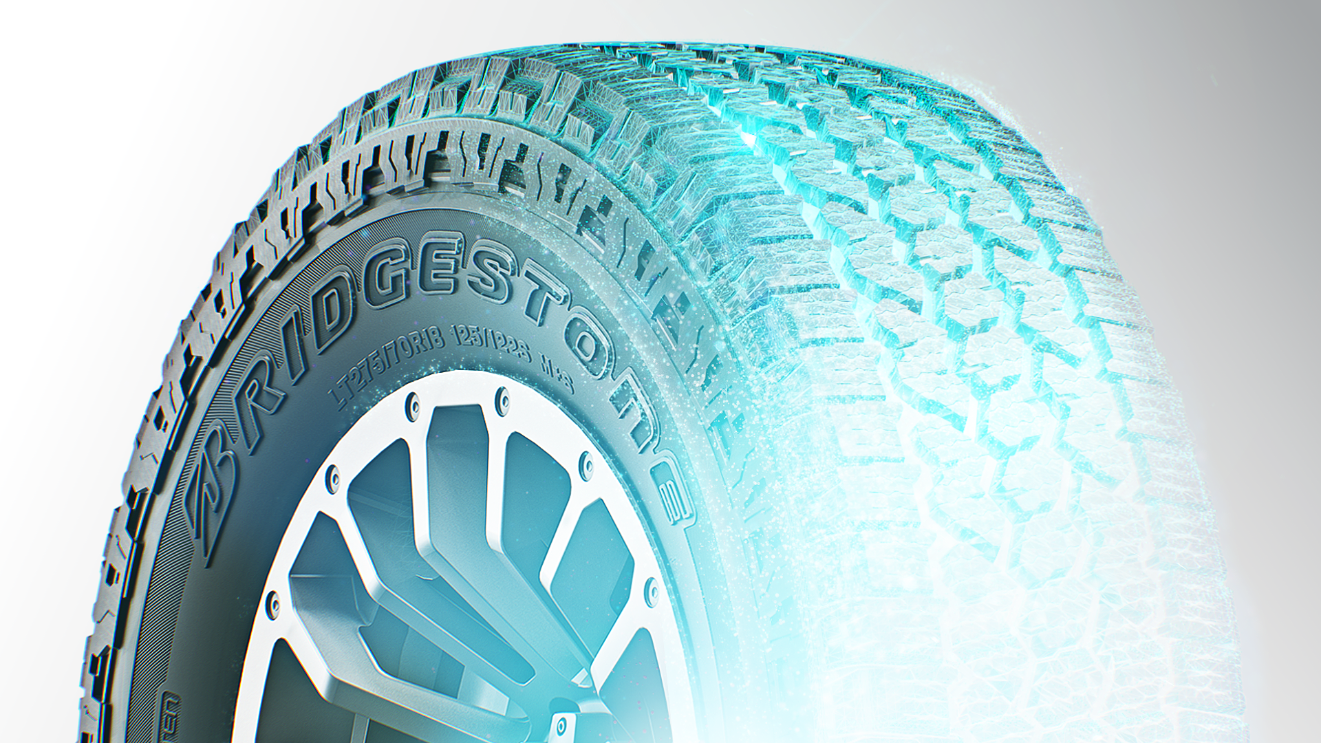 close up of Brigestone tire with blue glowy particles