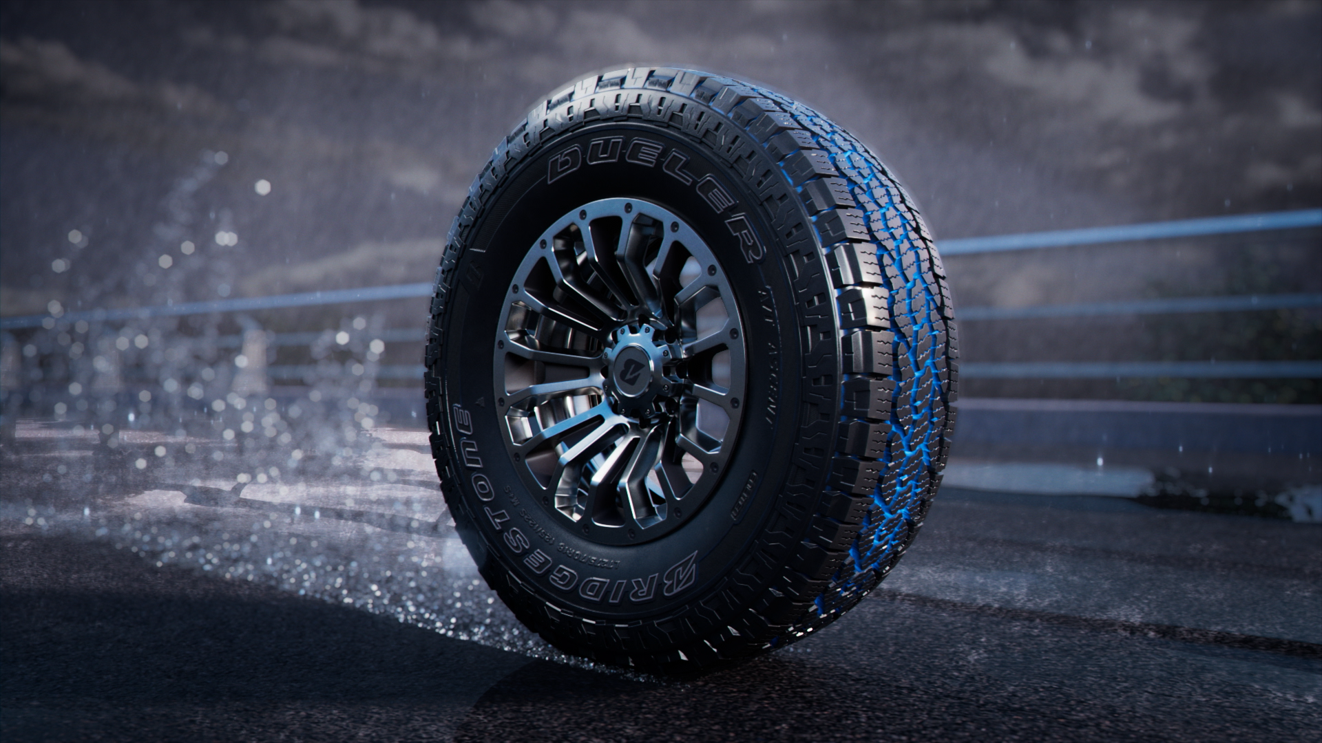 CG tire rolling down road during a thunderstorm with water and particles flying around