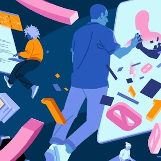 An illustration of people floating in space, interacting with technology in various ways.