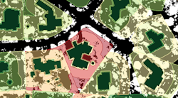 An illustration showing a house with a red square around it. Depicting how AI helps homeowners protect themselves from wildfires.