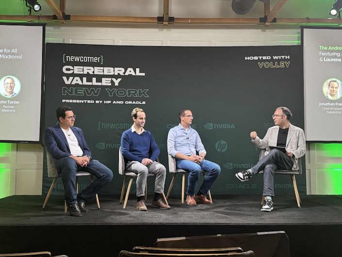 From left to right, Ai2 CEO Ali Farhadi; Databricks Chief Neural Network Scientist Jonathan Frankle; Meta Distinguished Research Scientist Laurens van der Maaten; Madrona Partner Jon Turow.
