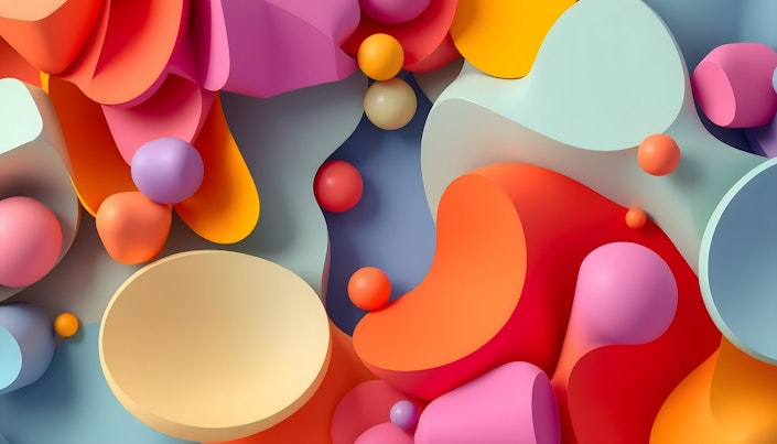 An abstract image of 3D shapes layered on each other.