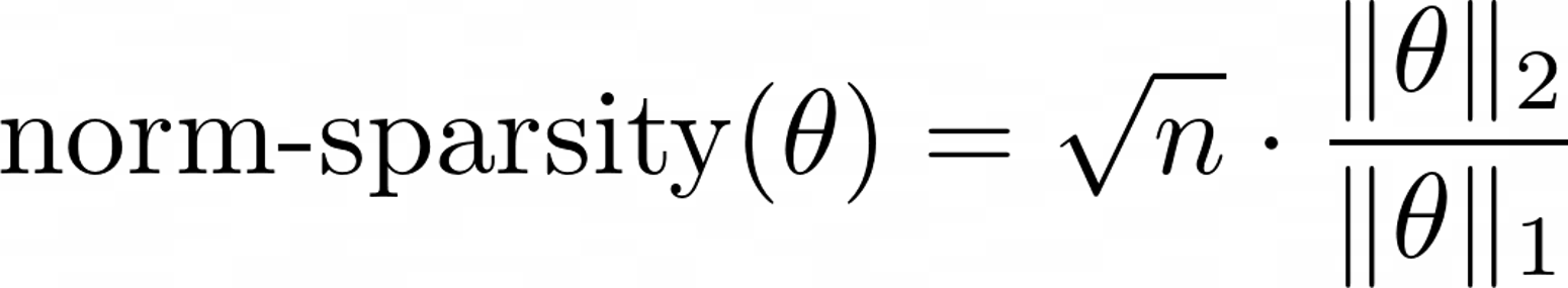 \textrm{norm-sparsity}(\theta) = \sqrt{n} \cdot \frac{\lVert \theta \rVert_2}{\lVert \theta \rVert_1}