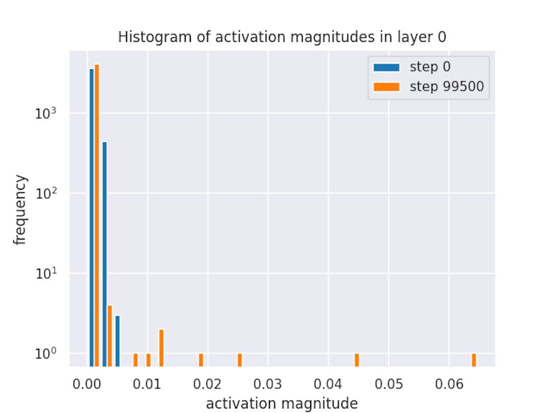 There is a small number of neurons with much higher activations than the others in layer 0