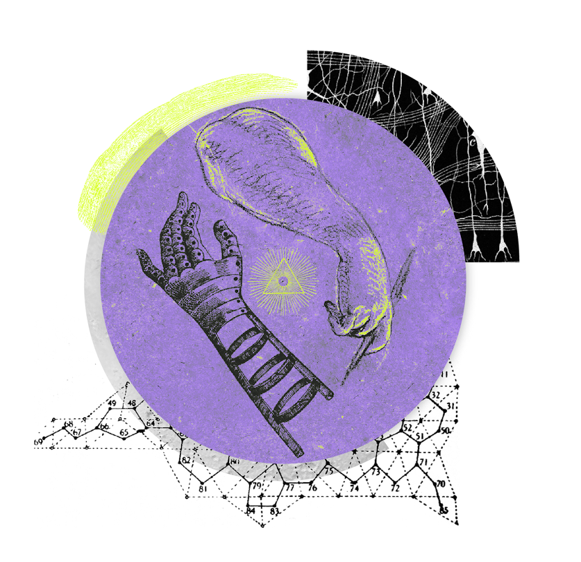 Collage of archival illustrations and patterns depicting artificial intelligence as an extension of the artist's hand.