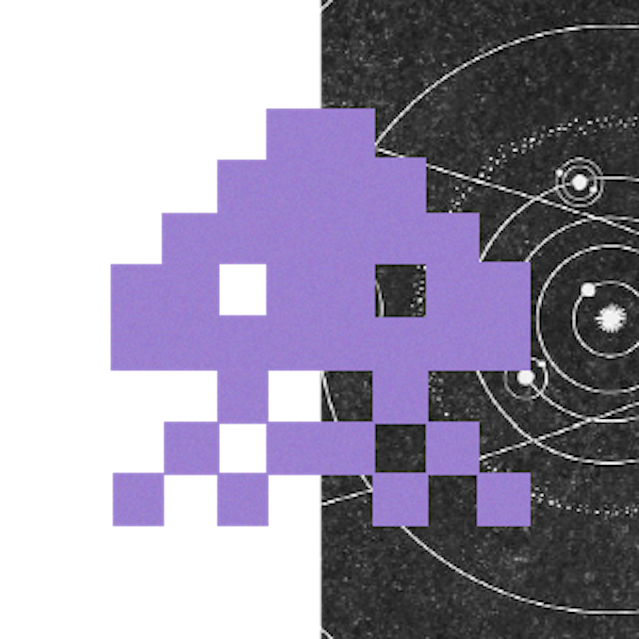 The squid alien from Space Invaders imposed over a black and white diagram of the solar system