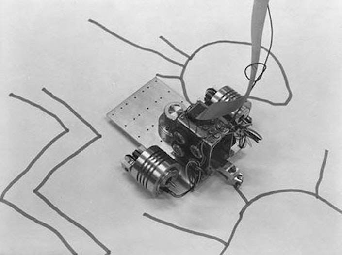 An early version of AARON, the painting robot called the "turtle robot" due to its small, compact shape