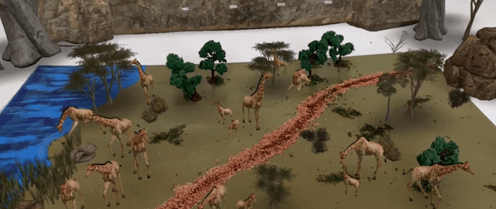 An animated GIF shows the AR prototype. In the video, giraffe are in a grassy landscape. Some of the giraffe are animating upward and disappearing, simulating the decline in giraffe population.