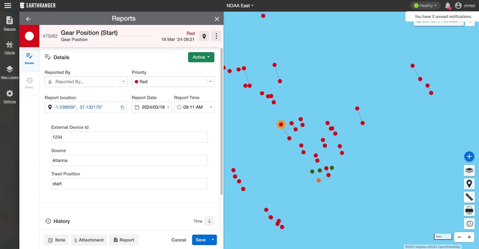 A view of how a fisher will see their gear in EarthRanger.