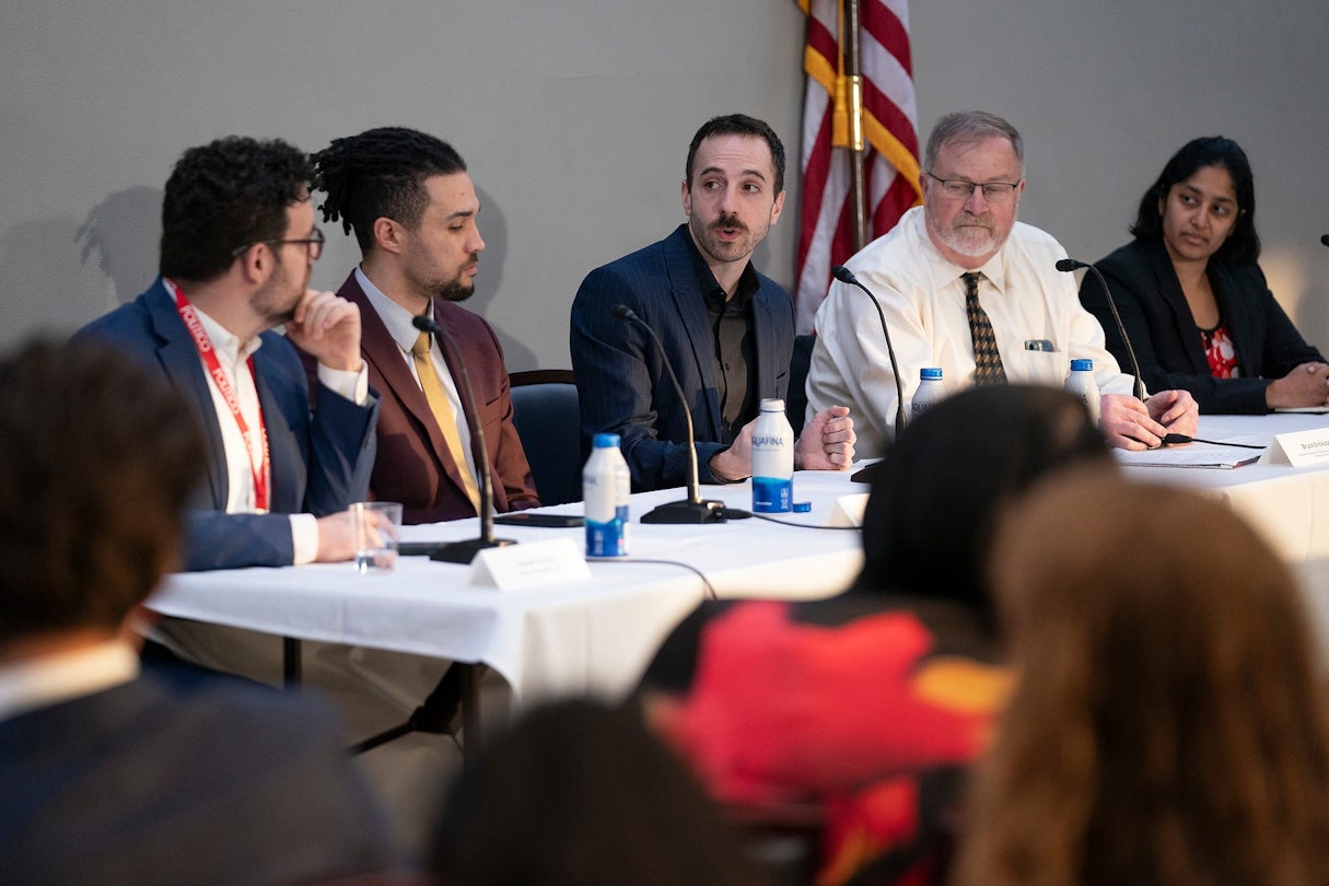 Pictured left to right: Steven Overly, Andre Perkins, Jesse Dodge, Bruce Erickson, and Priya Donti. Photo credit: Mark Finkenstaedt.