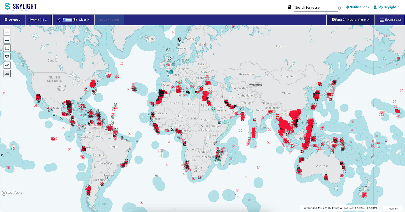 The Skylight platform showing vessel detections across three different satellites in a 24 hour period. Black boxes are ships correlated with broadcasted GPS positions (AIS), and red boxes are ships that are not broadcasting their locations.