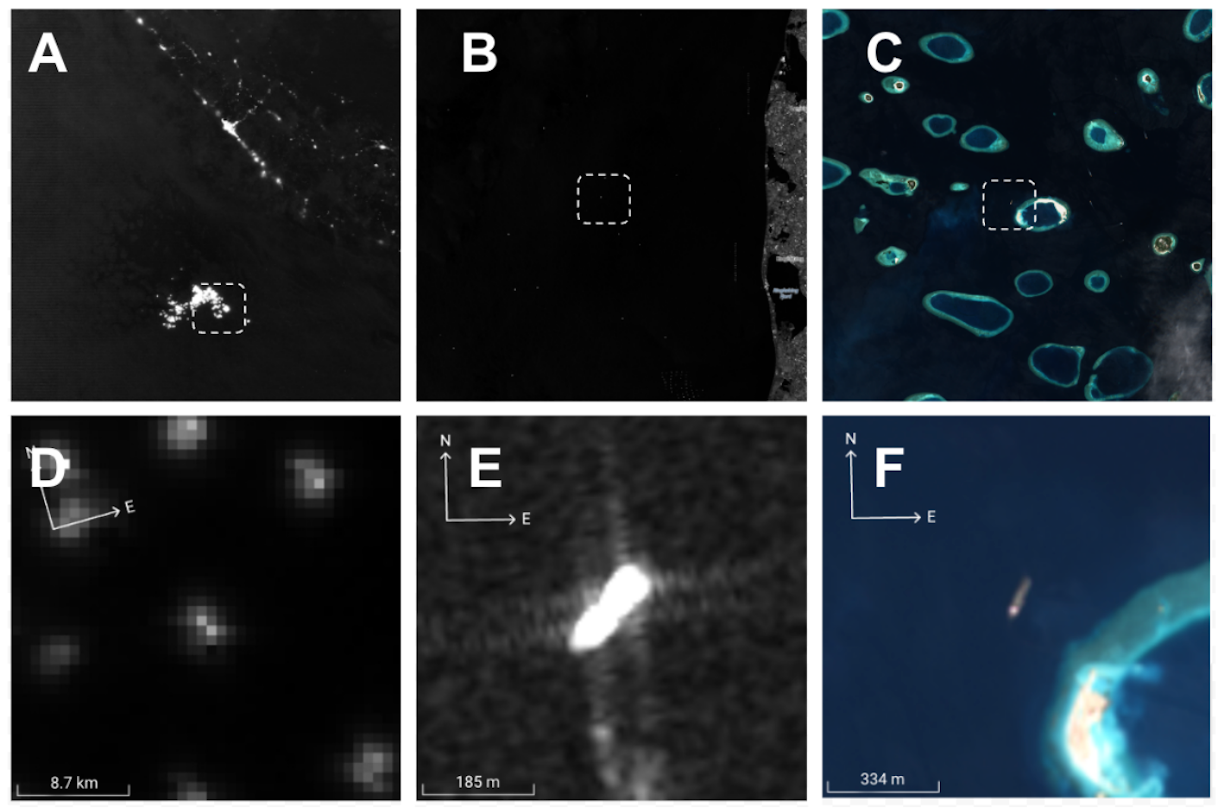 Example satellite imagery (top row) and sample detections (bottom row) from each satellite. VIIRS (A, D) near the Ecuadorian coast, an S1 image (B, E) from the North Sea and an S2 image (C, F) from the Maldives. Scale bars are approximate. Confidence scores ≥ 0.95.