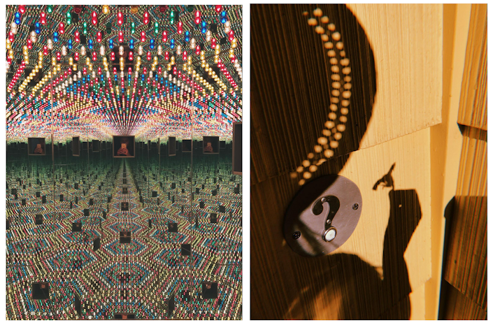 On the left, a photograph of a mirror room that shows infinite bright colorful bulbs. On the right, a photograph of a shadow in front of a yellow wall.