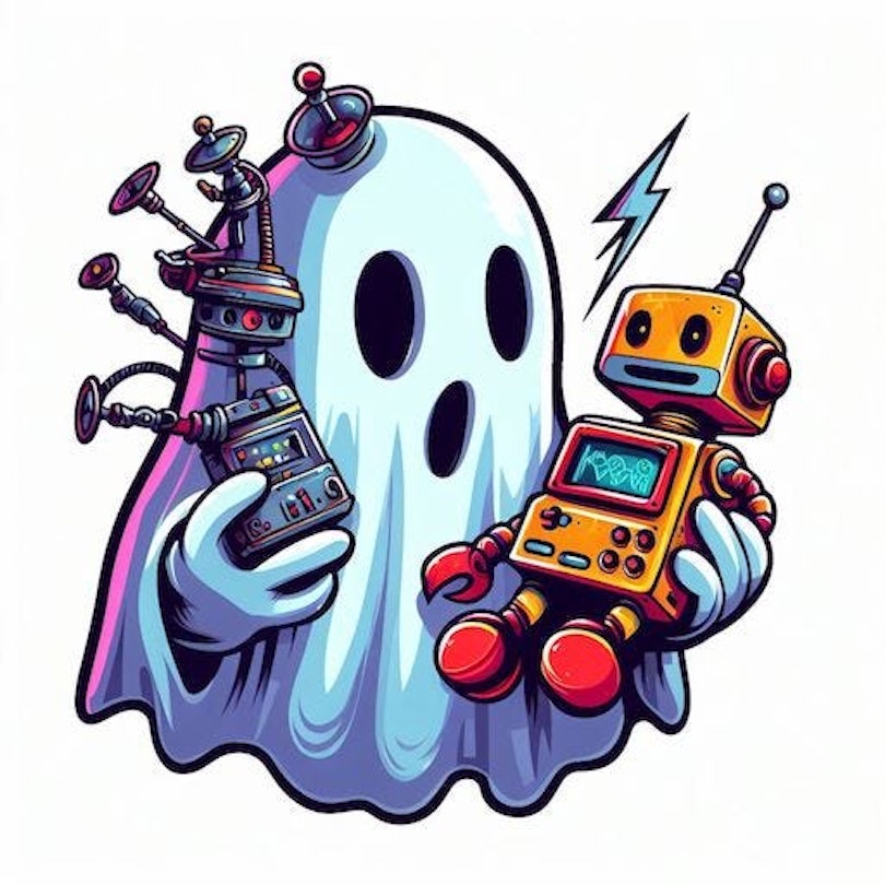An illustration of a ghost testing a robot.
