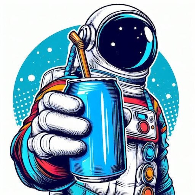 An illustration of an astronaut drinking from a soda can with a straw in it.