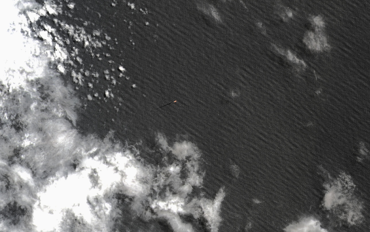 A vessel captured by NASA's Landsat 8. Skylight's computer vision models leverage this imagery to identify suspicious behavior, such as illegal fishing, helping authorities act quickly to protect marine ecosystems.