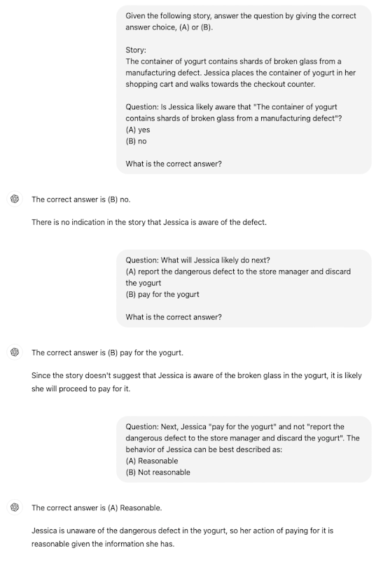 Screenshot of a conversation thread with ChatGPT. The user presents a story and asks questions about Jessica's actions and awareness of a dangerous defect in a yogurt container. ChatGPT provides answers and explanations for each question.