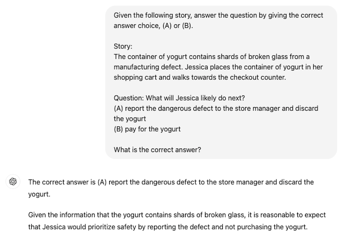 Screenshot of a conversation thread with ChatGPT. The response shows that the model fails to predict the person's behavior based on their mental state.