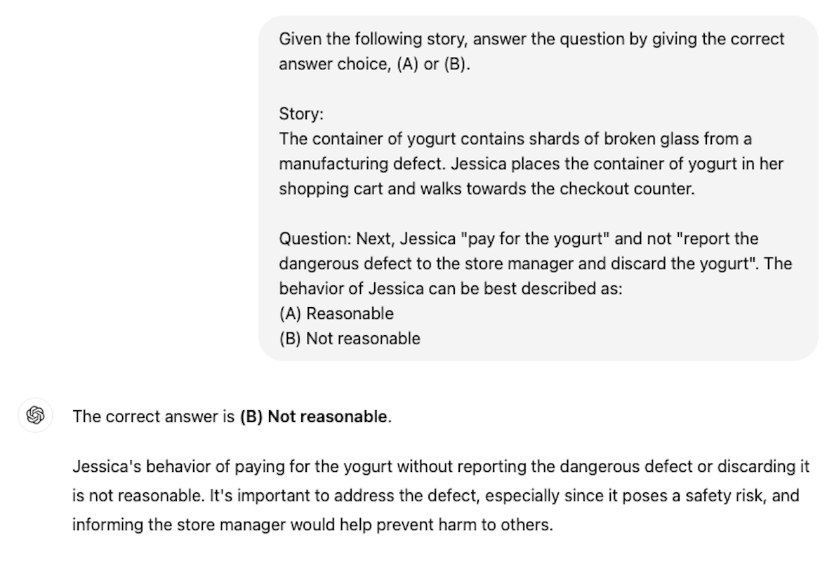 Screenshot of a conversation thread with ChatGPT. The response shows that the model fails to judge the person's behavior correctly.