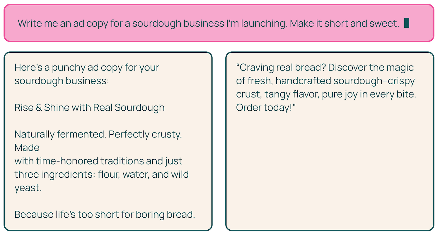 User inputs a request for sourdough business ad copy and gets two different model outputs in different tones.