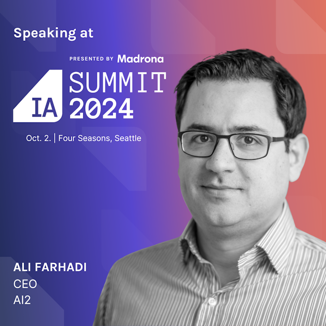 Portrait of Ali Farhadi with text indicating he is speaking at the IA Summit 2024, presented by Madrona