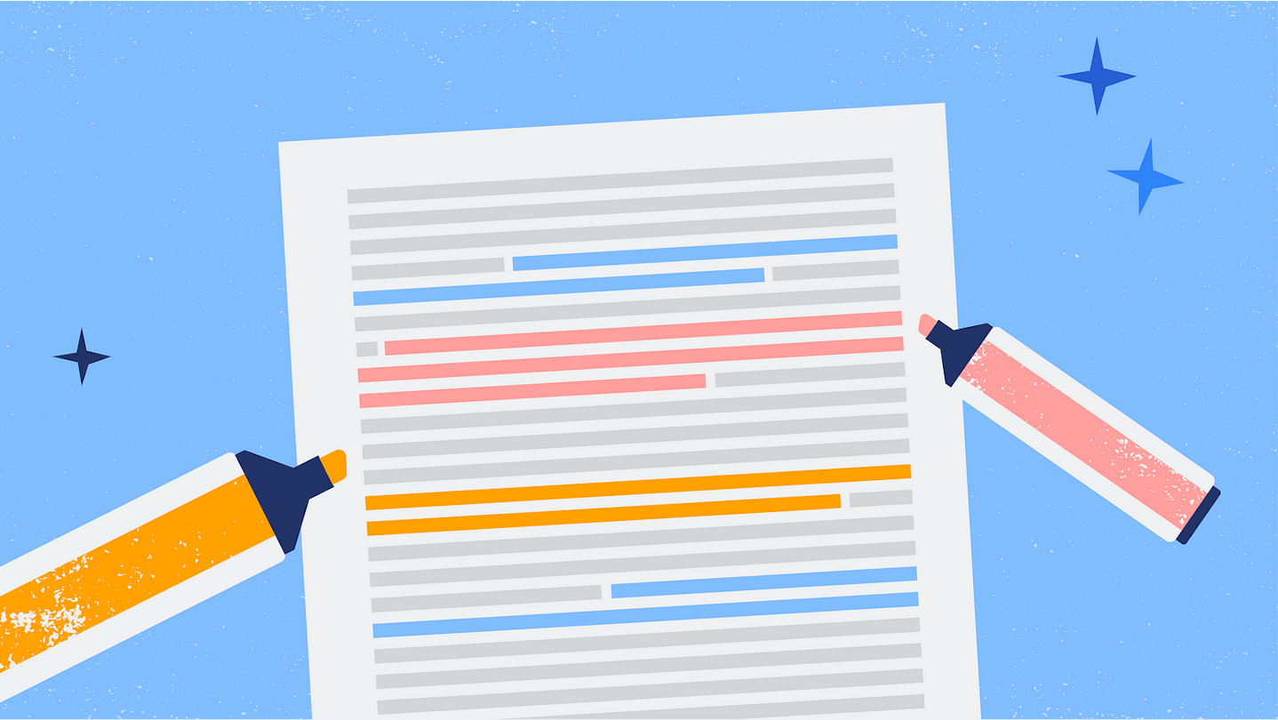 A playful geometric illustration shows a paper with grey bars representing text with colored highlighting and two highlighter markers. Sparkle shapes hang in the corners.