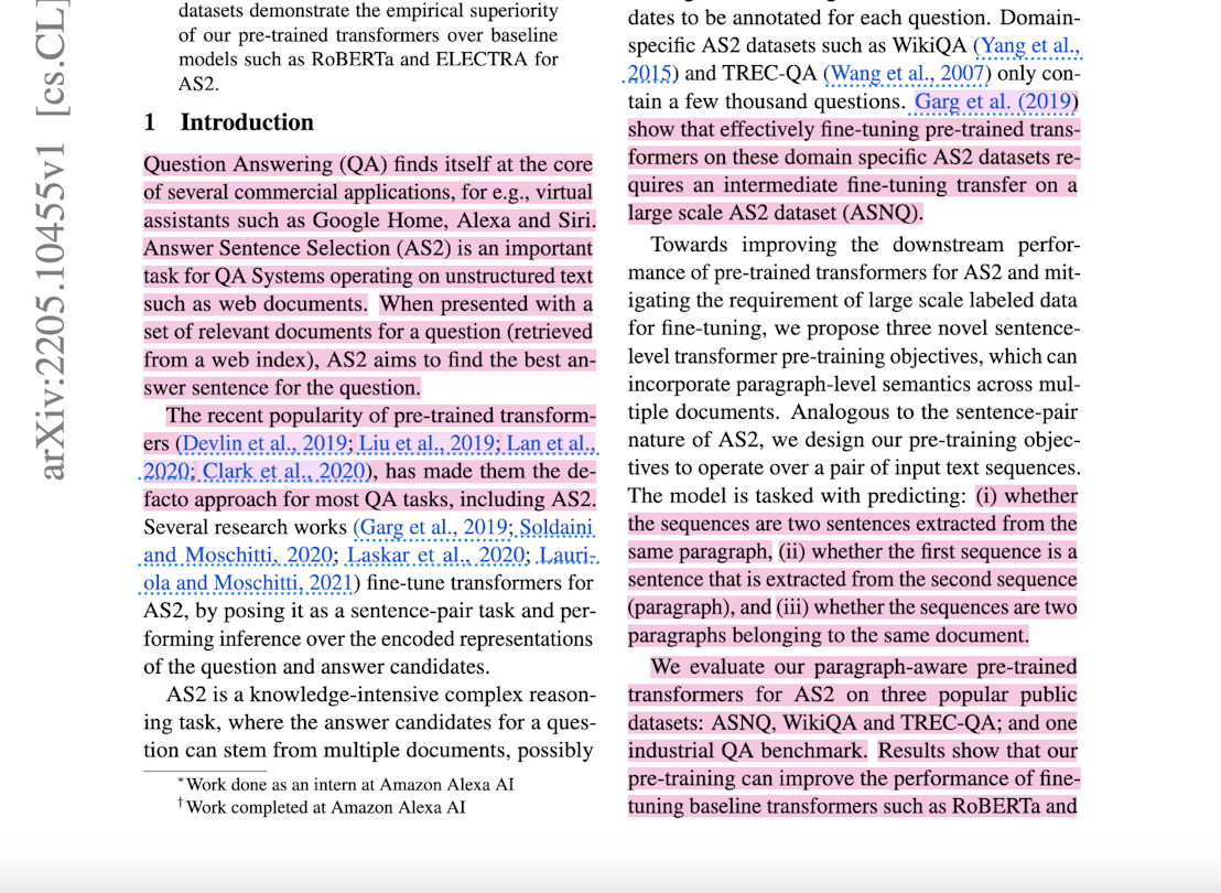 A screenshot of an ArXiv PDF paper shows the introduction page with about 40% of the text highlighted in pink. In-line citations are marked with blue text and underlines.