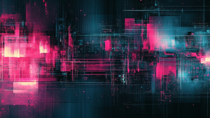 Teal and pink abstract glitch art featuring geometric shapes on a black background, highlighting detailed mathematical and digital effects