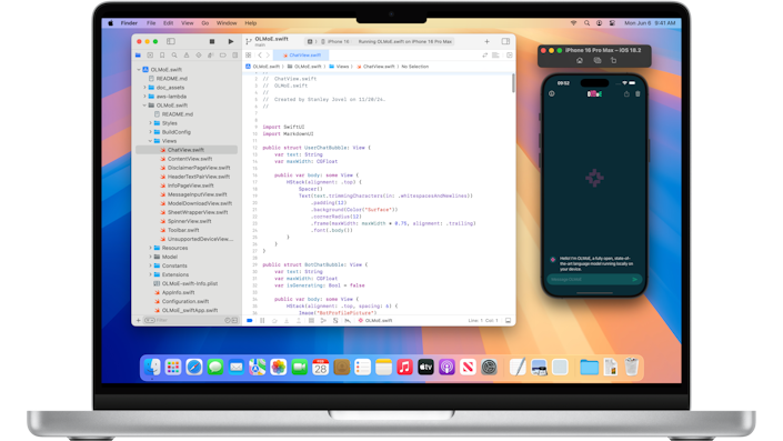 Laptop showing OLMoE's code and an iPhone simulator running on-screen.