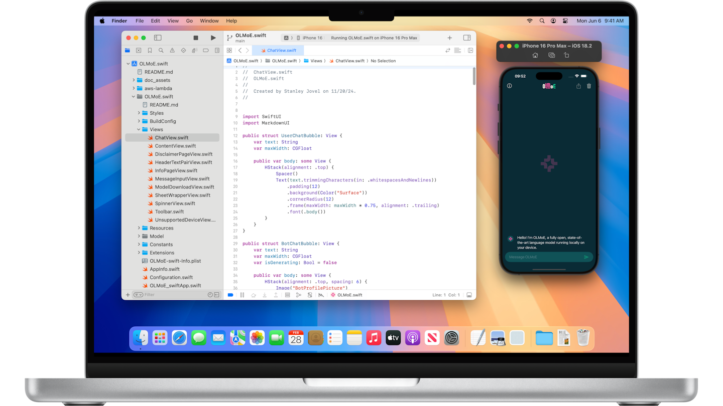 Laptop showing OLMoE's code and an iPhone simulator running on-screen.