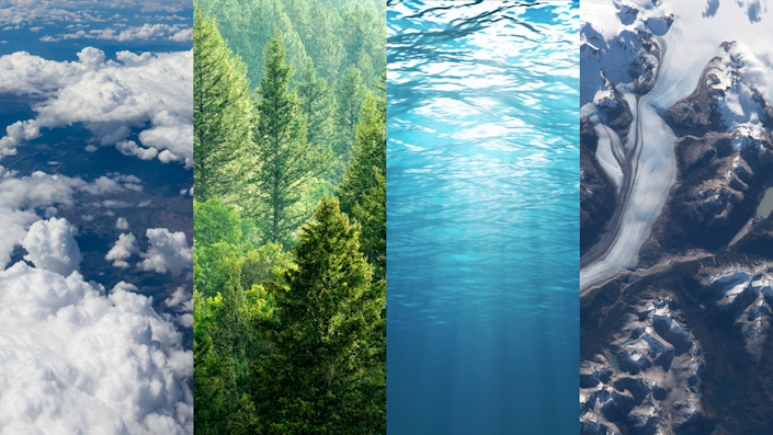 A composite image showing clouds from above, a sunlit conifer forest, light traveling through rippling water surface from below, and snowy mountain range from above.