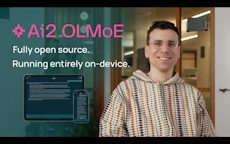 Ai2 OLMoE: Fully open source. Running entirely on-device. Bottom left shows the app interface on iPad and iPhone. On the right shows Luca Soldaini, lead researcher on the OLMoE app.