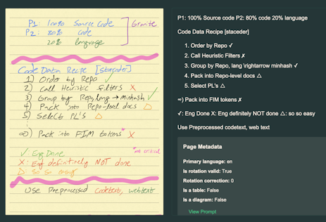 Screenshot of the olmOCR demo. A handwritten note on the left, with html text on the right, reflecting the handwritten text, with page metadata including primary language, rotation, table, diagram and so on.