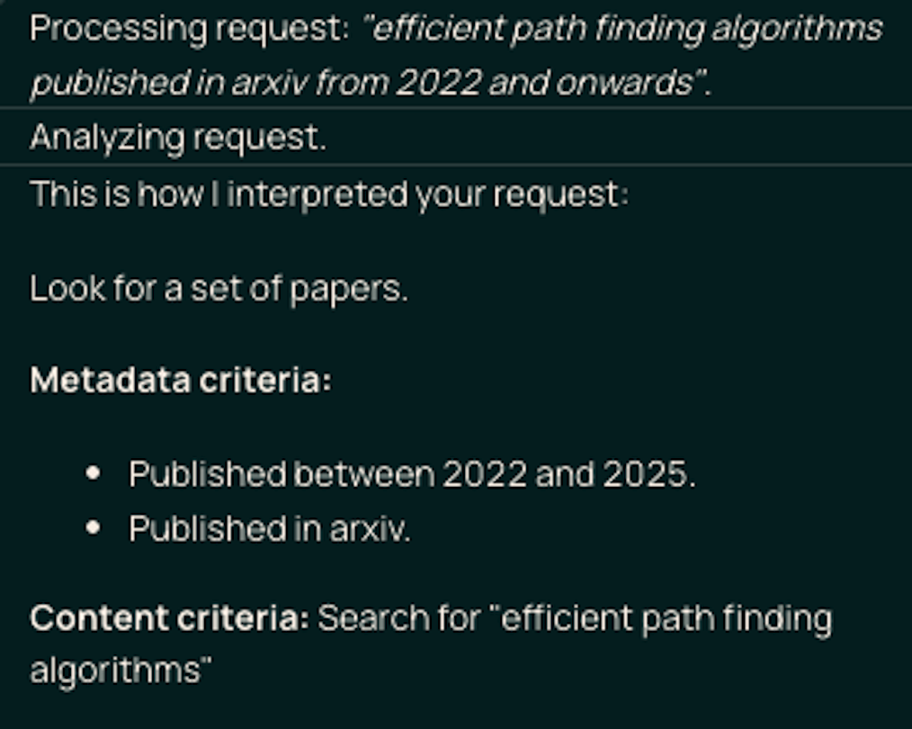 Screenshot of the query analysis process. System shows metadata criteria: Published between 2022 and 2025. Published in arxiv. Content criteria: Search for "efficient path finding algorithms"