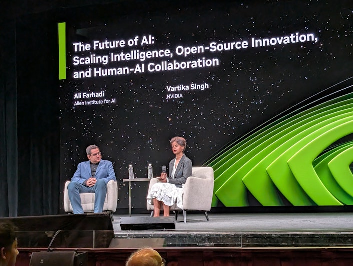 Ali Farhadi and Vartika Singh sit down on stage at NVIDIA GTC.