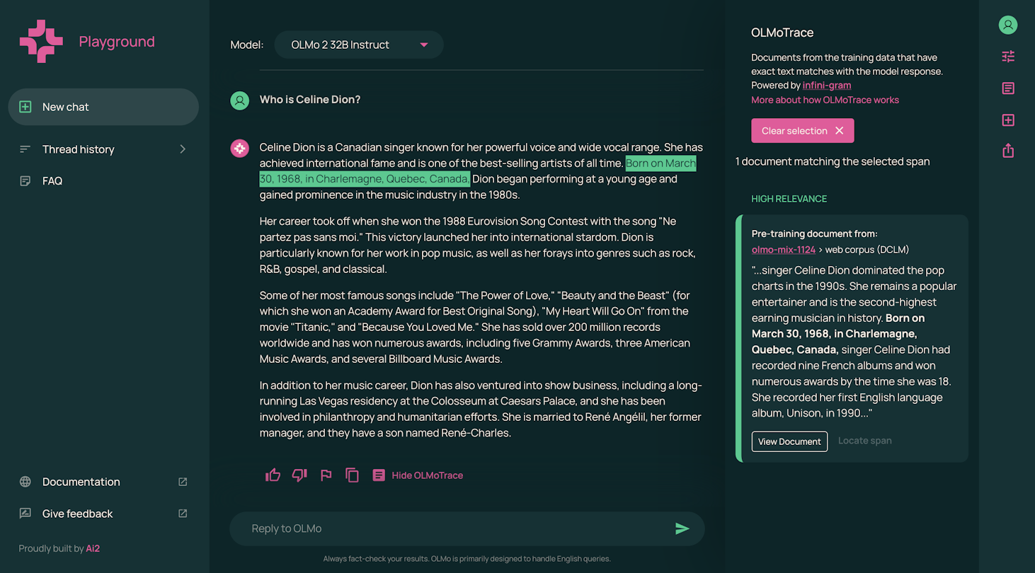 Screenshot of OLMoTrace in Playground. The text "Born on March 30, 1968, in Charlemagne, Quebec, Canada" is highlighted.
