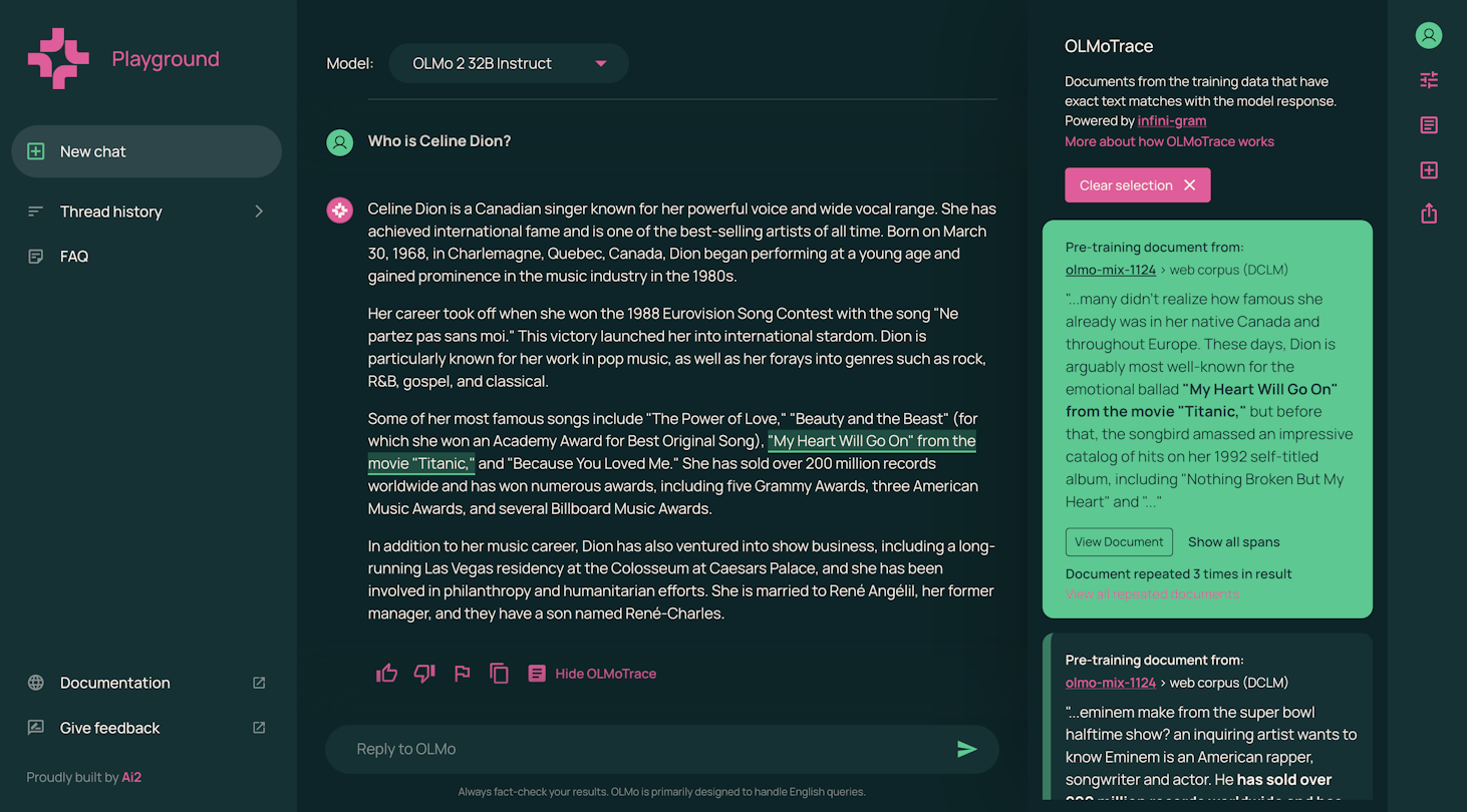 Screenshot of OLMoTrace in action. The text '"My Heart Will Go On" from the movie "Titanic,"' is highlighted. The OLMoTrace panel on the right shows a highlighted document from olmo-mix-1124 that contains the exact same text.