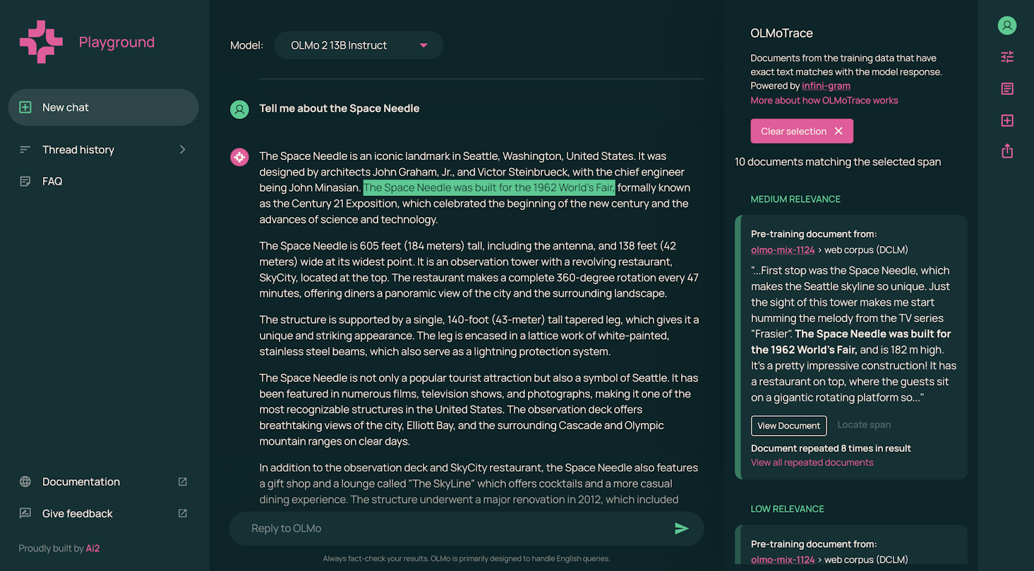 Screenshot of OLMoTrace in action. The text "The Space Needle was built for the 1962 World's Fair." is highlighted.