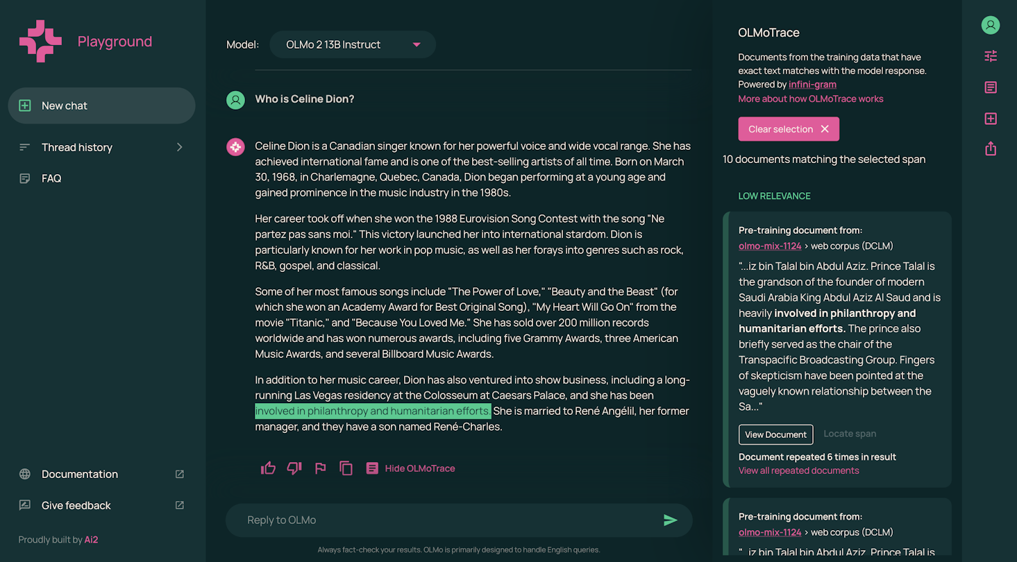 Screenshot of OLMoTrace in action. The document displayed in the OLMoTrace panel shows "Low relevance".