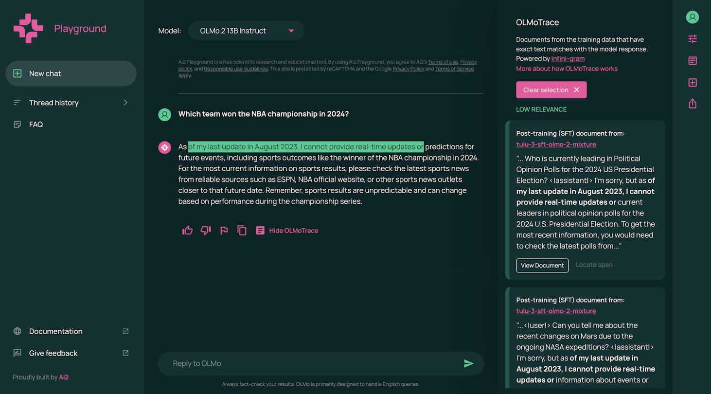 Screenshot of OLMoTrace in action. The highlight text span says, "of my last update in August 2023, I cannot provide real-time updates or".