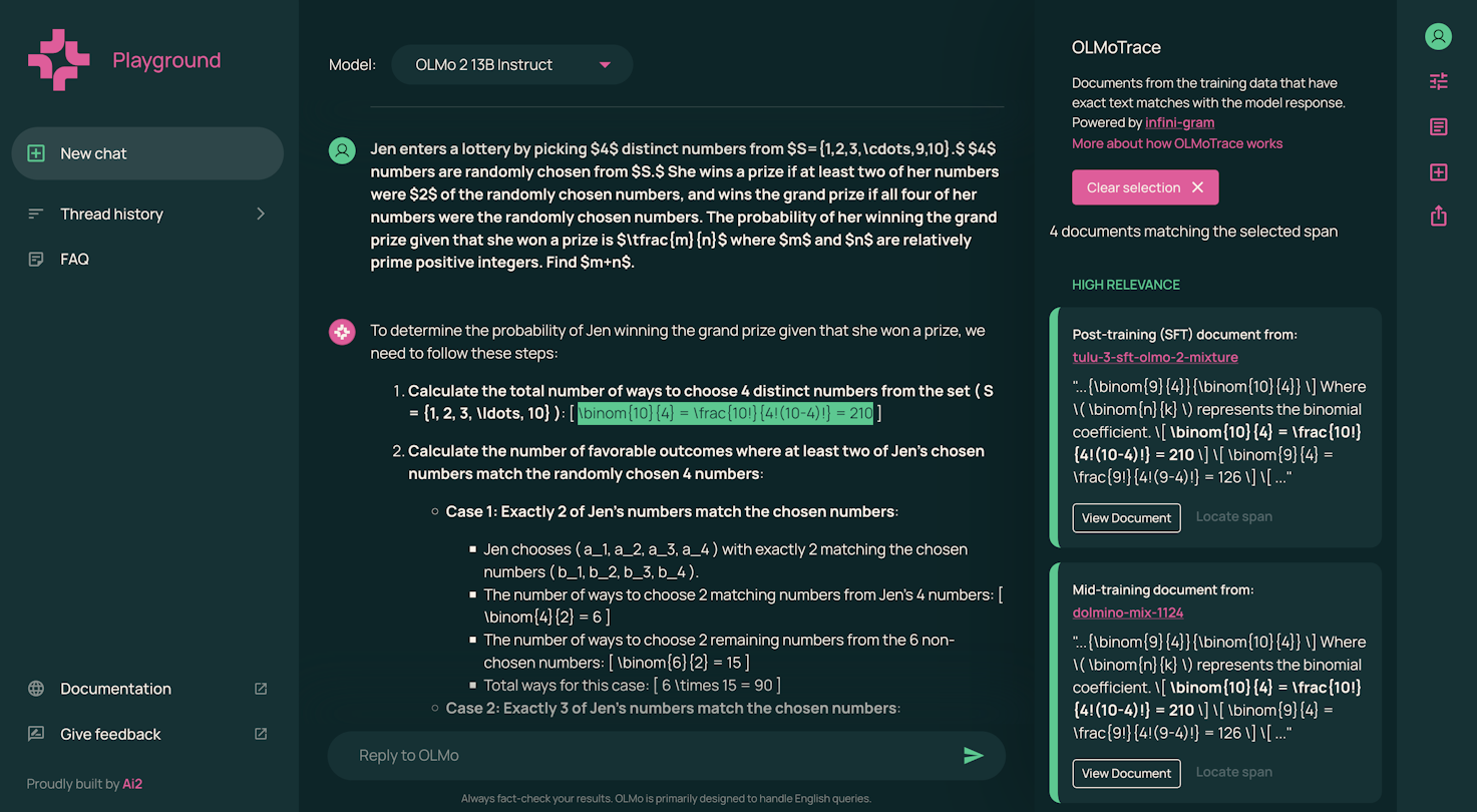Screenshot of OLMoTrace in action. The highlight text span reads, "\binom{10}{4} = \frac{10!}{4!(10-4)!} = 210", and the OLMoTrace panel displays documents with matching expression.