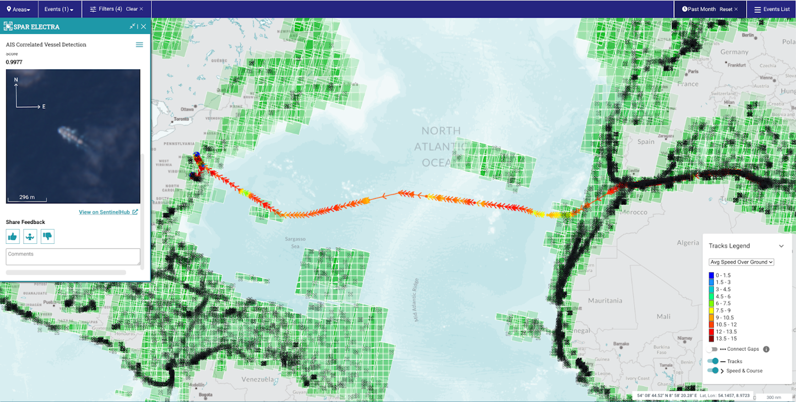An example of a transiting cargo vessel is shown alongside publicly available satellite imagery in Skylight.