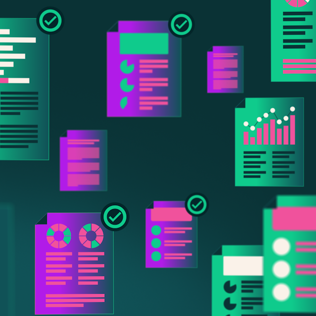 An illustration representing an agent finding papers. Many papers floating on the screen, with green check marks representing ones that match your query.