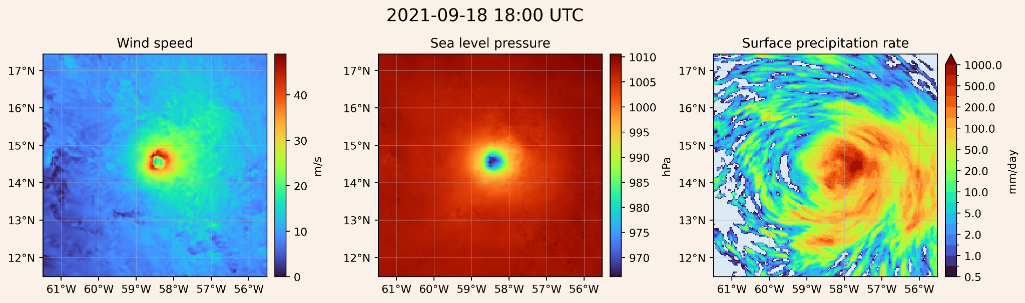 An example of a strong hurricane in the North Atlantic, generated during the 10-year HiRO-ACEv2 simulation.