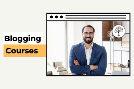blogging courses with a man in a suit, in the style of caravaggesque, emerging design, minimalist staging, exaggerated features, wandering eye, color-blocked, smilecore --ar 16:9