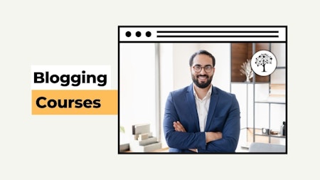 blogging courses with a man in a suit, in the style of caravaggesque, emerging design, minimalist staging, exaggerated features, wandering eye, color-blocked, smilecore --ar 16:9