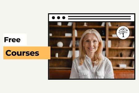 A woman is smiling in front of the homepage with free courses, in the style of tonalist genius, western-style portraits, contained chaos, back button focus, rounded forms, minimalist impulses, strong lines